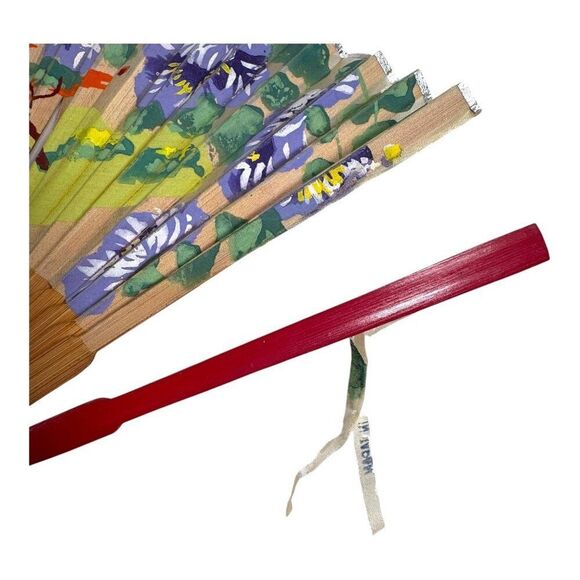 Vintage Hand-Painted Wooden Folding Fan Purple Wisteria Floral Landscape READ - Picture 3 of 10